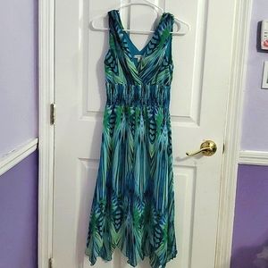 DressBarn Teal Fairy Peacock Surplice Smocking Handkerchief Skirt Midi Dress 4